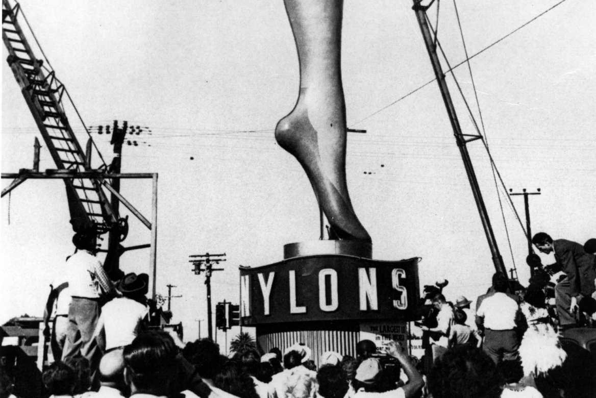 Black and white image of giant leg, 35 feet high, advertising nylons to the Los Angeles area.