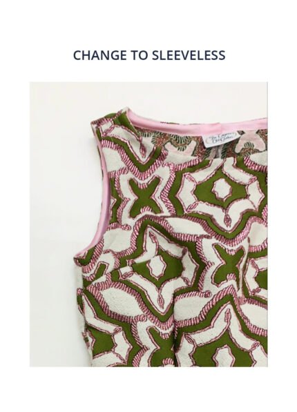 A close up image of one of our garments with no sleeves. The garment is green and white swirled pattern with a sparkly pink texture.