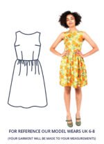 Sophia is wearing a yellow floral sleeveless teadress and is stood facing the camera with their hands on their hips.