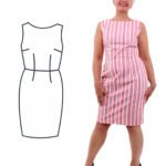 Pam wears a pink and white stripey dress. Pam is looking at the camera smiling.