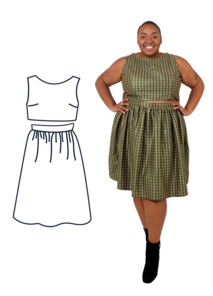 Charlotte is wearing a black sparkly gathered skirt two-piece and is stood with her back to the camera