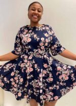 Navy Floral Skater Dress- ref 3 - Resale item - Approx 14-16