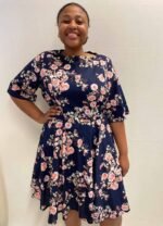 Navy Floral Skater Dress- ref 3 - Resale item - Approx 14-16 - Image 2