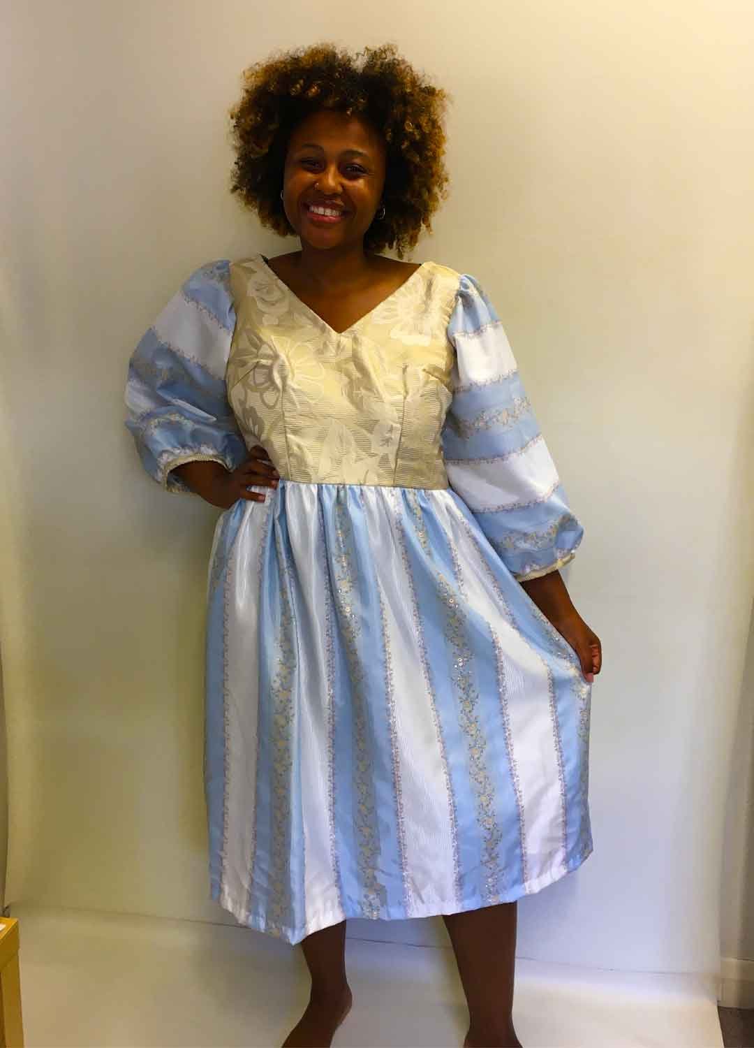 Teadress-1b Gold + Blue silk / satin Tea Dress - ref 149 - Resale item - Approx UK 12-14 - Image 1