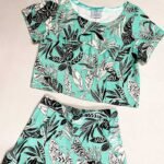 Mint leafy print Crop Top - ref 178 - Resale item - Approx UK 12-14